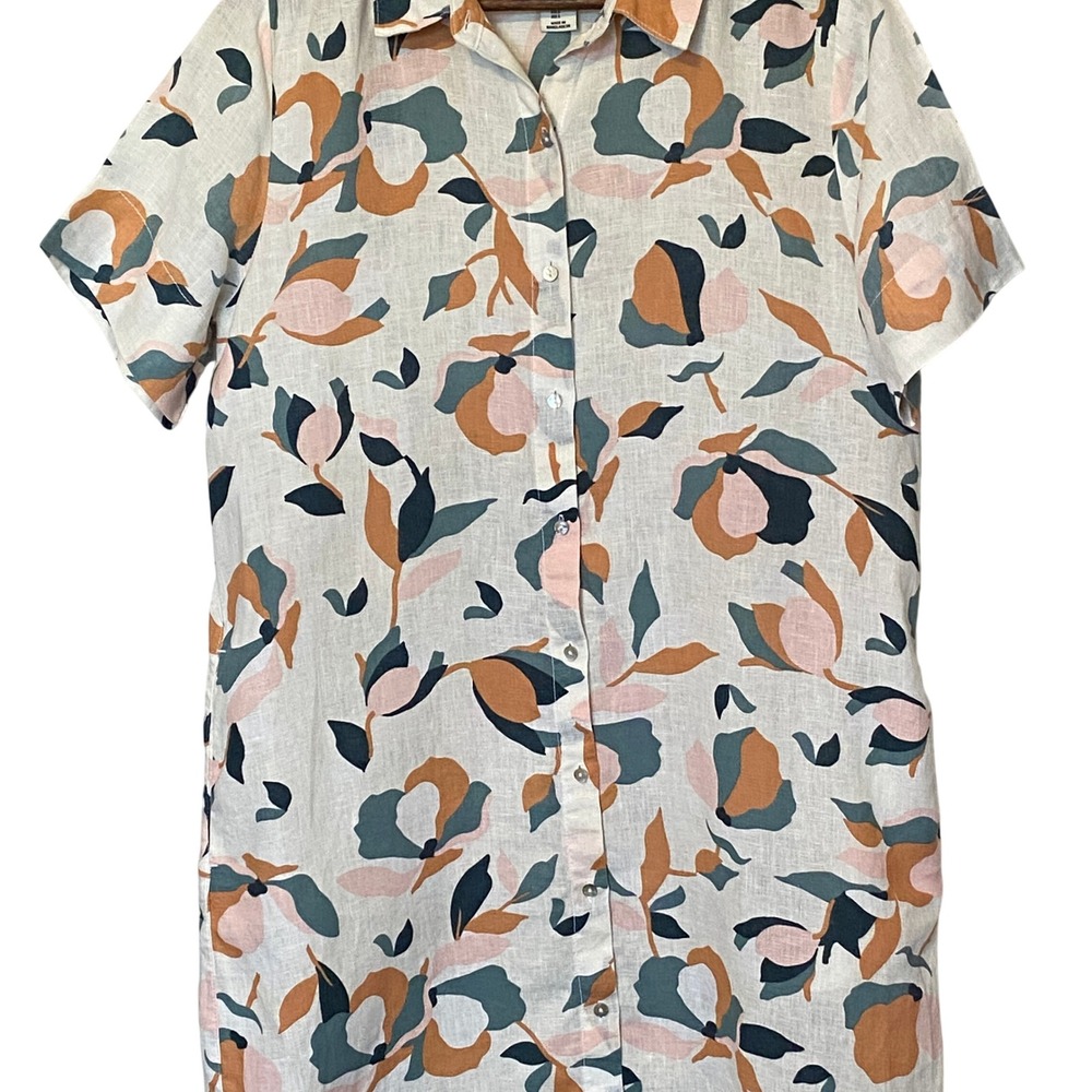 Rachel Zoe Women Linen Shirt Dress Size L Abstract Floral Coastal Resort Pockets - Picture 4 of 14